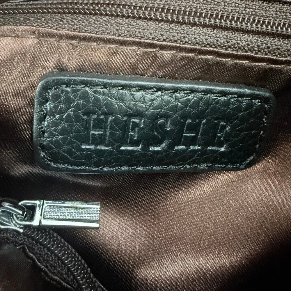 Heshe Leather Convertible Backpack Tote Black Pebbled Shoulder Bag